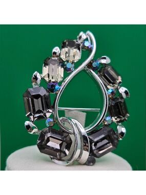 Smoke and Clear Aurora Borealis AB Rhinestone Swirl Brooch Vintage Signed Lisner